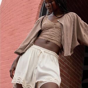 Aerie Off Duty Gauze Boxer Linen White Crochet Lace Sleep High Rise Lounge Short
